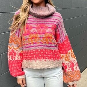 Fate Knit Turtleneck Sweater Women's L pink Boho Oversized maximalist colorful